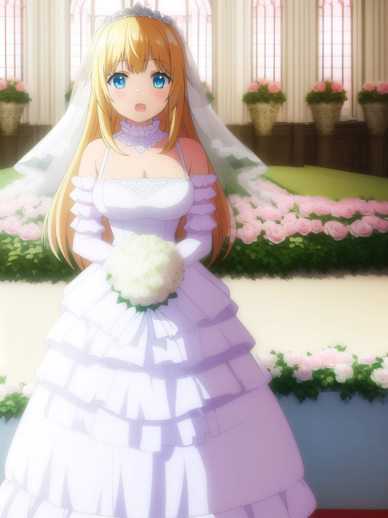 (((Best quality))),((Ultra-detailed)),((illustration)),((Disheveled hair)),((frilld)),(1 girl),(Solo), 1girl,blurry,blurry_background,blurry_foreground,bouquet,depth_of_field,flower,indoors,looking_at_viewer,lying,motion_blur,open_mouth,pink_flower,pink_rose,rose,white_rose,window,rating:questionable,underwear, wedding,wedding_dress,bride,veil, blonde hair,blue eyes,long hair,