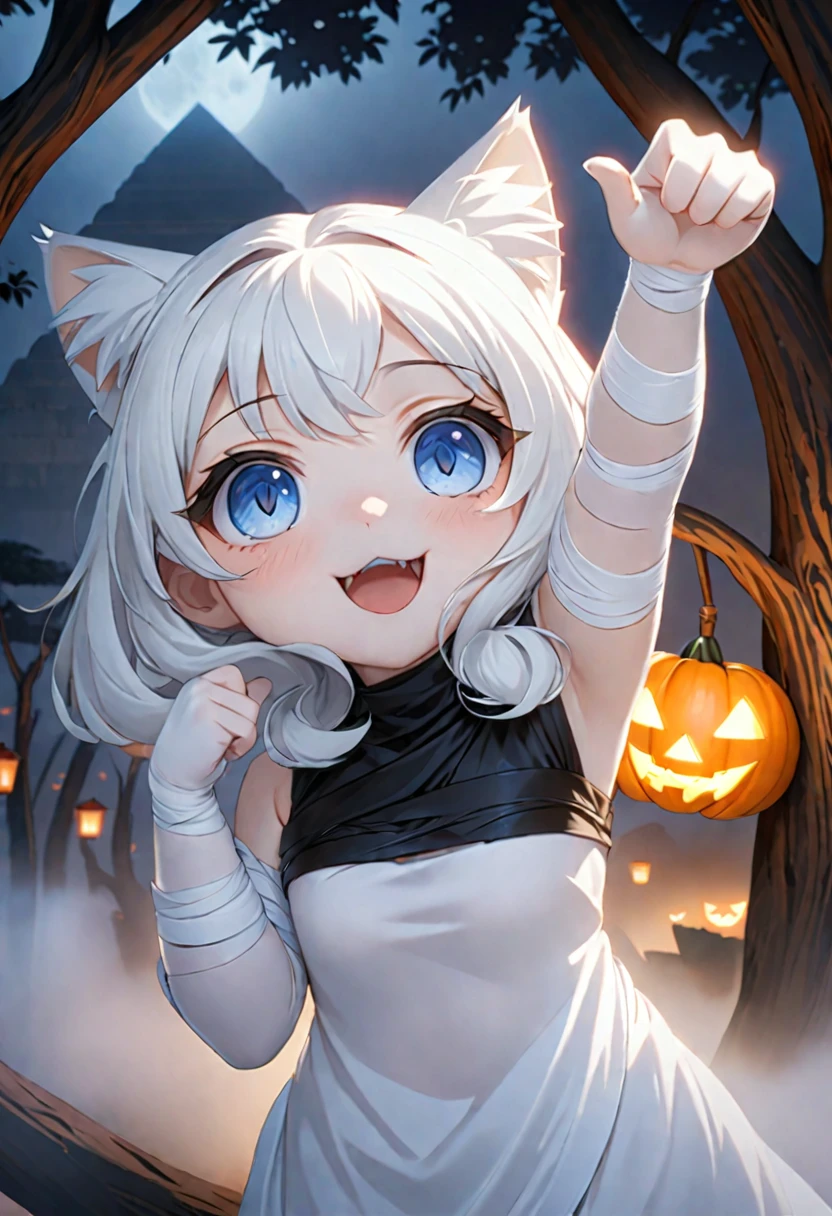 cat girl, chibi, wrapped in bandages, black hair, blue eyes, mummy, reaches for the sign, which hangs on the ebony tree, scary tree, tree is curved, tree with eyes, Halloween, Rendering, Anime background art, winner of the pixiv competition, Anime girl with cat ears cute!! chibi!!! cat girl, милый anime cat girl, with index finger, Nekomimi, anime cat girl!, cat girl, chemonomics, run, furry фураффинность, masterpiece, top quality, Best quality, official art, Beautiful and aesthetically pleasing:1.2), 2D, (Best quality, masterpiece), anime, (very detailed face), (very detailed eyes), fog, pyramids, lightning, Ideal lighting, wrapped in bandages, (very white skin)