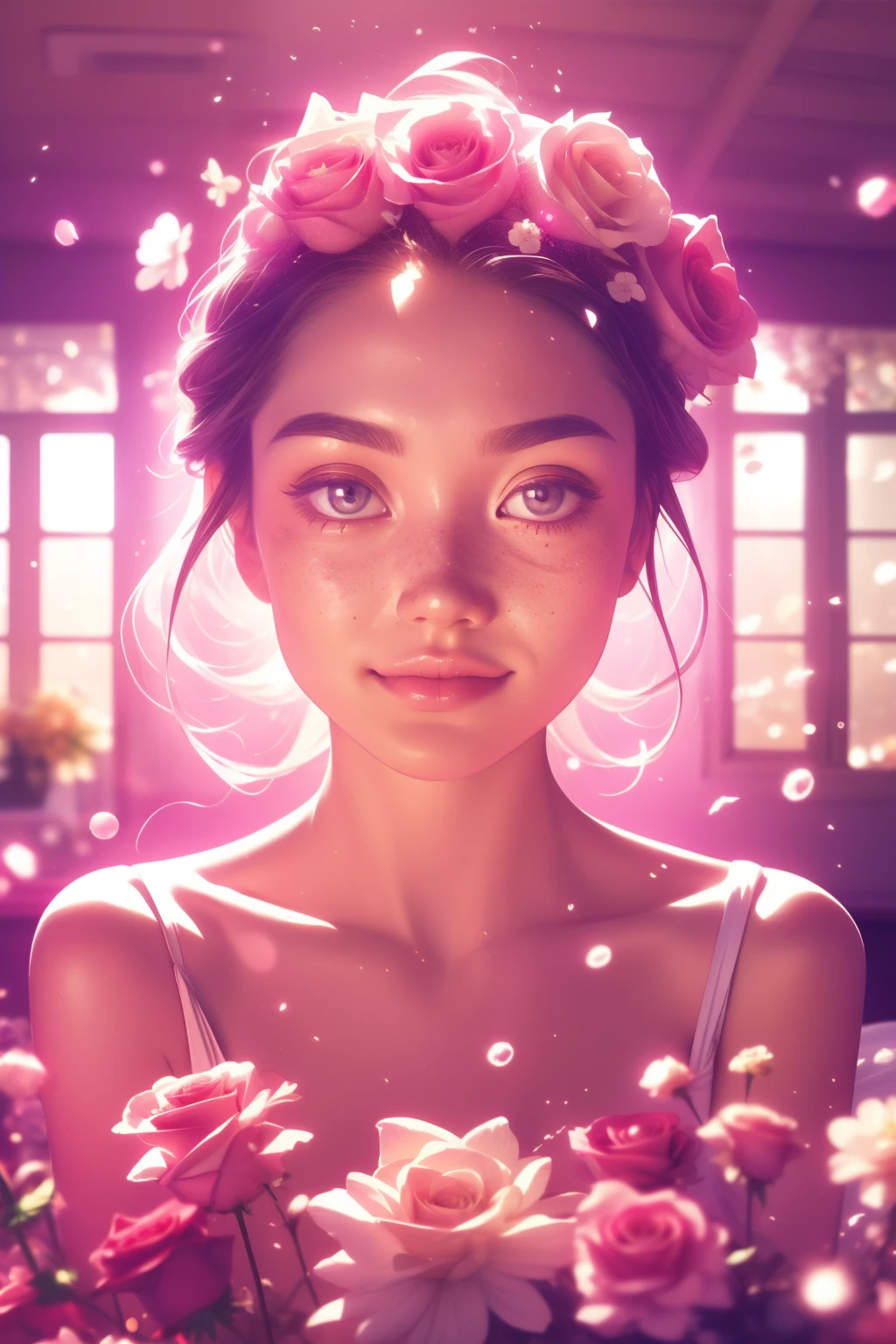 (This is a beautiful, intricate, (romatic) fantasy image that emphasizes beauty and grace.) Generate a blind curvy woman with soft natural freckles. Her face is important and should be (perfectly formed) with (beautiful puffy lips) and (perfect features). There is a cute freckle birthmark on her lip. The image exudes ethereal beauty and soft fantasy, with shimmering shades of pink throughout. Surround her with eternal roses in shimmering shades. Ensure perfection in her face, hair, and eyes. Include sweet and detailed birds and soft, luminous flowers and detailed roses. Utilize dynamic composition and dramatic lighting and cinematic lighting to create an interesting fantasy image. The background of the image is interesting and ultra-detailed, with soft fantasy lighting and gradients. Include fantasy details, cute aura, colorful, colourful, and interesting magical background. ((pretty room)), ((bed)), The image's background is decorated in shades of pink, shimmer, glitter, and fantasy details like colored bubbles and cosmos. Include subtle freckles, natural freckles and a diffused realistic skin tone. Incorporate elements of high fantasy, whimsy, and detailed elegance. English rose, princess, courtesan, noblewoman, sweet, lovely, calm, lovely, shimmering, glimmering, glittering, astrological fantasy, (((masterpiece))), (highest quality), magic rose, fantasy garden, beautiful face, perfect face, puffy lips, interesting, shy smile, fantasy elements, magic rose, beautiful eyes, perfect puffy lips, jewel tones, luminosity. Taken with a canon camera.