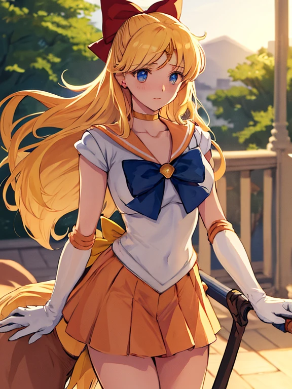 best quality, ultra-detailed, masterpiece,1girl, solo,sailorvenus, xsuperuniformx, (heartbrooch:0.3), choker, circlet, hair bow , gloves, pleated skirt, relaxed posture, elbows extended, standing, knees , , very embarrassed,riding a horse