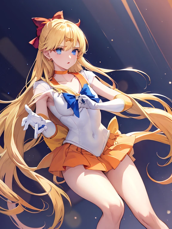masterpiece, best quality, very aesthetic, absurdres, aavenus, long hair, blonde hair, hair bow, tiara, blue eyes, earrings, orange choker, collarbone, orange sailor collar, blue bowtie, white shirt, white leotard, elbow gloves, white gloves, pleated skirt, orange skirt, heart hands,