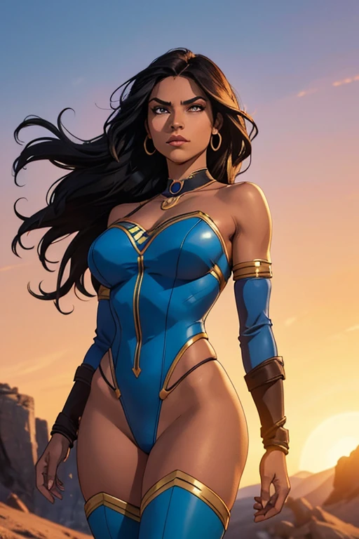 Meet the Native American superheroine clad in a vibrant blue leotard, the sleeves of which extend past her wrists, and black thigh-high boots. Her long, luscious black hair cascades down her back, framing her dark tanned skin and expressive brown eyes. As she stands tall and proud, her fierce determination shines through her regal demeanor. The wind plays with her hair, adding an ethereal aura to her powerful presence. The sun sets behind her, casting a warm glow on her noble features, as she readies herself for another epic adventure. (Curvy)