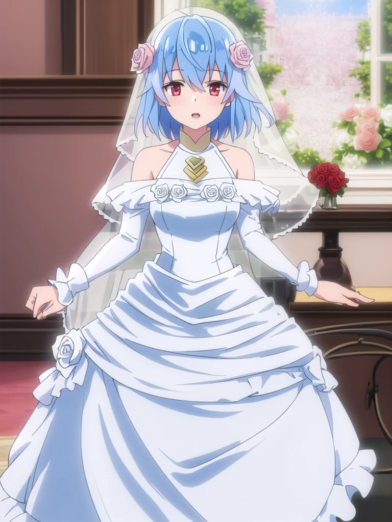 (((Best quality))),((Ultra-detailed)),((illustration)),((Disheveled hair)),((frilld)),(1 girl),(Solo), 1girl,blurry,blurry_background,blurry_foreground,bouquet,depth_of_field,flower,indoors,looking_at_viewer,lying,motion_blur,open_mouth,pink_flower,pink_rose,rose,white_rose,window,rating:questionable,underwear, wedding,wedding_dress,bride,veil, blue hair,red eyes,full body,short hair