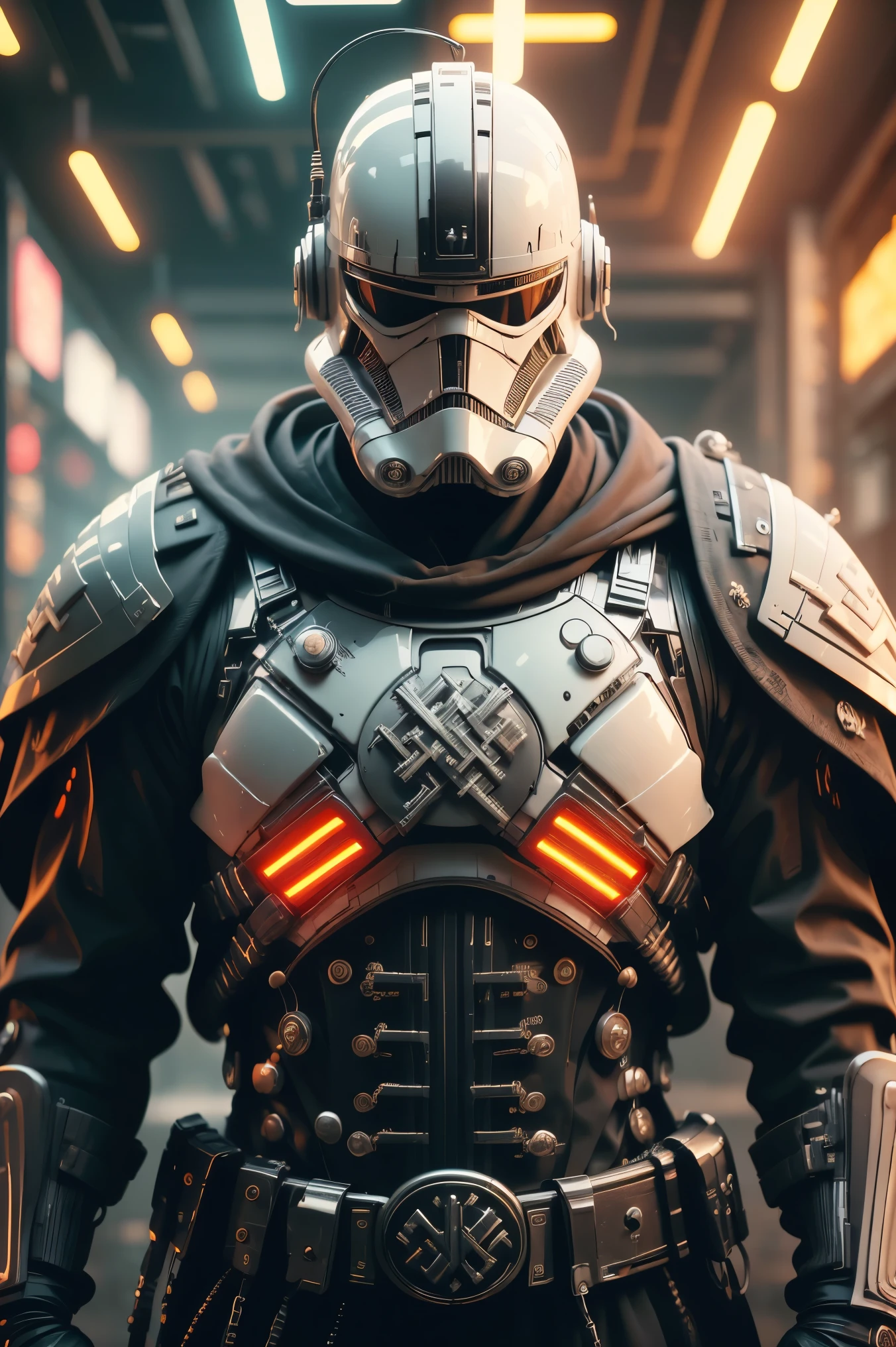 SH4G0D style cyberpunk-nazi, Stormtrooper-Nazi, broad shoulders black cloak (lights and switches on cheats) ((White Plate-Armor)) Nazi-Symbol 卐卍