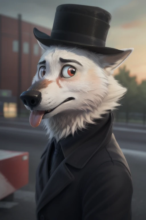 cute cartoon of a (gary \(zootopia\)) using Dor-15 bowler hat with a robotic red eye on the front, wearing black worker uniform, solo, wolf, white fur, tongue out, full body image, BREAK, industrial factory with dark green polluted sky background, (intricate, high detail, film photography, soft focus, RAW candid cinema, photorealism, realistic, photorealistic, analog style, subsurface scattering, masterpiece, best quality, ultra realistic, 8k), profile picture