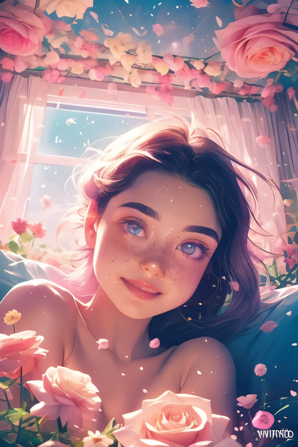 (This is a beautiful, intricate, (romatic) fantasy image that emphasizes beauty and grace.) Generate a blind curvy woman with soft natural freckles. Her face is important and should be (perfectly formed) with (beautiful puffy lips) and (perfect features). There is a cute freckle birthmark on her lip. The image exudes ethereal beauty and soft fantasy, with shimmering shades of pink throughout. Surround her with eternal roses in shimmering shades. Ensure perfection in her face, hair, and eyes. Include sweet and detailed birds and soft, luminous flowers and detailed roses. Utilize dynamic composition and dramatic lighting and cinematic lighting to create an interesting fantasy image. The background of the image is interesting and ultra-detailed, with soft fantasy lighting and gradients. Include fantasy details, cute aura, colorful, colourful, and interesting magical background. ((pretty room)), ((bed)), The image's background is decorated in shades of pink, shimmer, glitter, and fantasy details like colored bubbles and cosmos. Include subtle freckles, natural freckles and a diffused realistic skin tone. Incorporate elements of high fantasy, whimsy, and detailed elegance. English rose, princess, courtesan, noblewoman, sweet, lovely, calm, lovely, shimmering, glimmering, glittering, astrological fantasy, (((masterpiece))), (highest quality), magic rose, fantasy garden, beautiful face, perfect face, puffy lips, interesting, shy smile, fantasy elements, magic rose, beautiful eyes, perfect puffy lips, jewel tones, luminosity. Taken with a canon camera.