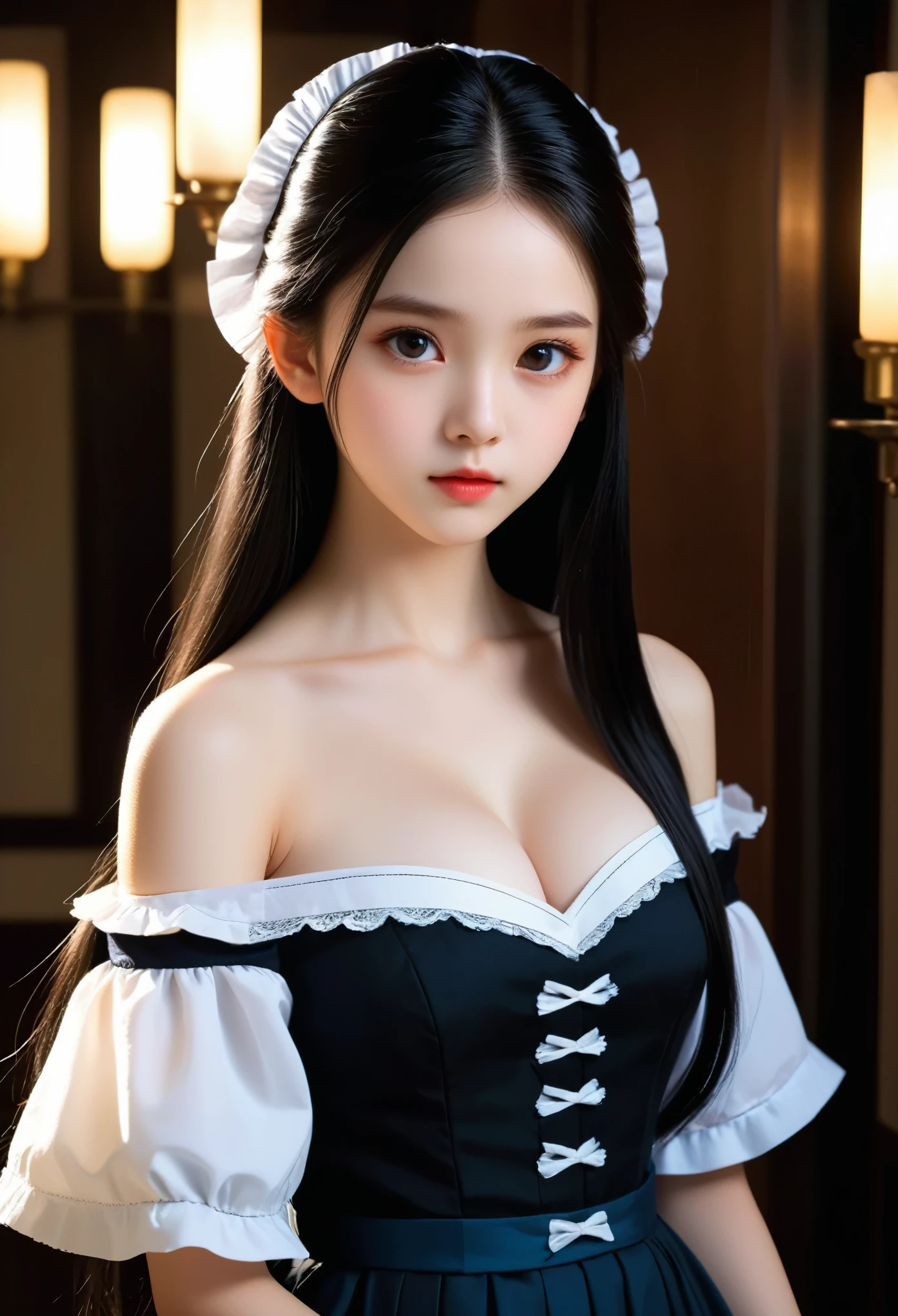 A girl around ,Pale skin,Very long hair, Black straight hair. big、Black eyes , With a strong and mysterious expression. Dressed in orphan clothing style, More elegant and refined, Something that matches her mysterious and strong personality. comprehensive, Her presence will attract attention, Attract curious and inquisitive eyes. movie lighting, Chromatic Aberration, Backlight, masterpiece, High Detail, high quality, 4k.(breasts),Off-shoulder,sleeveless,No underwear,Sexy pose,blush,Perfect makeup,Hyperrealism,Kodak Photography,White maid outfit