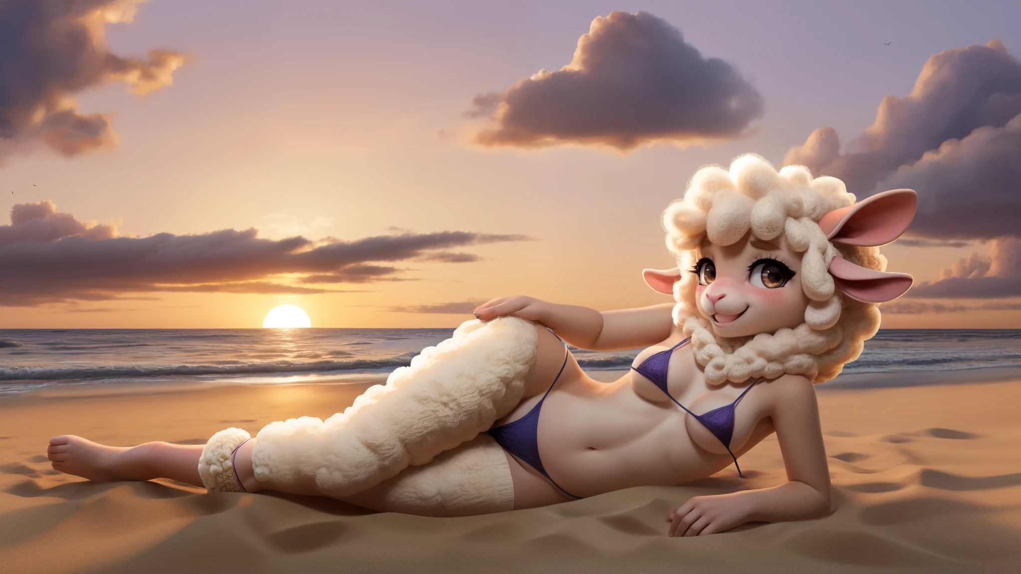 Young female, sheep, string only micro bikini, lying on the sand, one leg lifted up, beach, sunset, smiling, blush