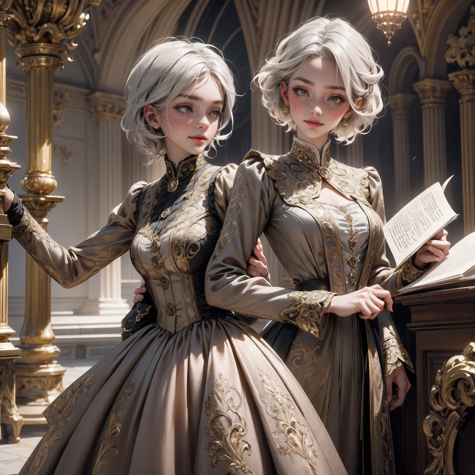 { - anatomy error}(Masterpiece - Ultra-detailed, very high resolution) Prepare to be enchanted by a true masterpiece that combines ultra-detailed art with high-resolution rendering. This work depicts a mesmerizing woman with short white hair (1.3) and captivating gray eyes (1.2), emanating an aura of elegance and mystery in Victorian settings. The intricate details and realistic textures invite you to explore every aspect of this enchanting composition. Woman wearing beautiful classic Victorian costume from the year 1878. Red lips. Happy face. Smiling. light brown (gold) dress. Walking, writing, lying down, standing, on your back, dynamic poses., upper body. dynamic poses. Get ready to dive into a world where beauty and craftsmanship merge perfectly.