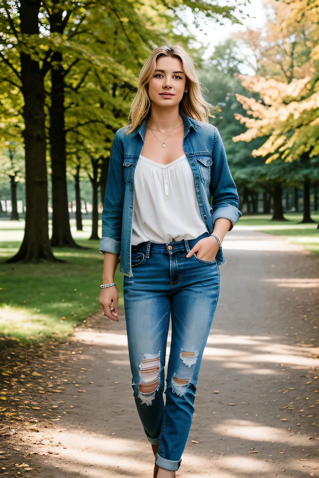 Foto einer Frau, Strukturierte Haut, blonde glatte haare, kariertes Flanellhemd mit Distressed-Boyfriendjeans, Cowboy-Schuss, Im Park spazieren, perfekte Augen, (Kerzenlicht,Chiaroscuro), 160 Farbhalter, gedreht mit ARRI ALEXA 65, bokeh, scharfer Fokus auf das Motiv