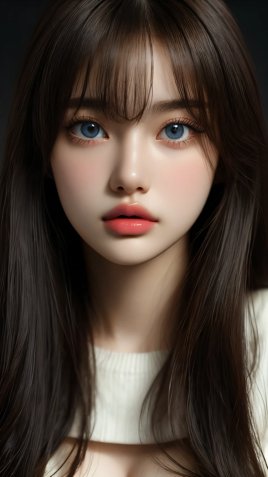 masterpiece, best quality, ultra-detailed, intricately detailed hyperdetailed, realistic, sharp features, highly detailed, sharp focus, perfect face, perfect face, perfect symmetrically perfect eyes, perfect full lips, flexible female form, cinematic, film light, hyper detailed, hyper realistic, high resolution, vibrant, dynamic studio lighting, nsfw, ((Dark background)), Sexy face, Facial expressions when receiving pleasure, straight Bangs, Big breasts, Exposed cleavage, blue Eyes,black sweater, cowboy shot,