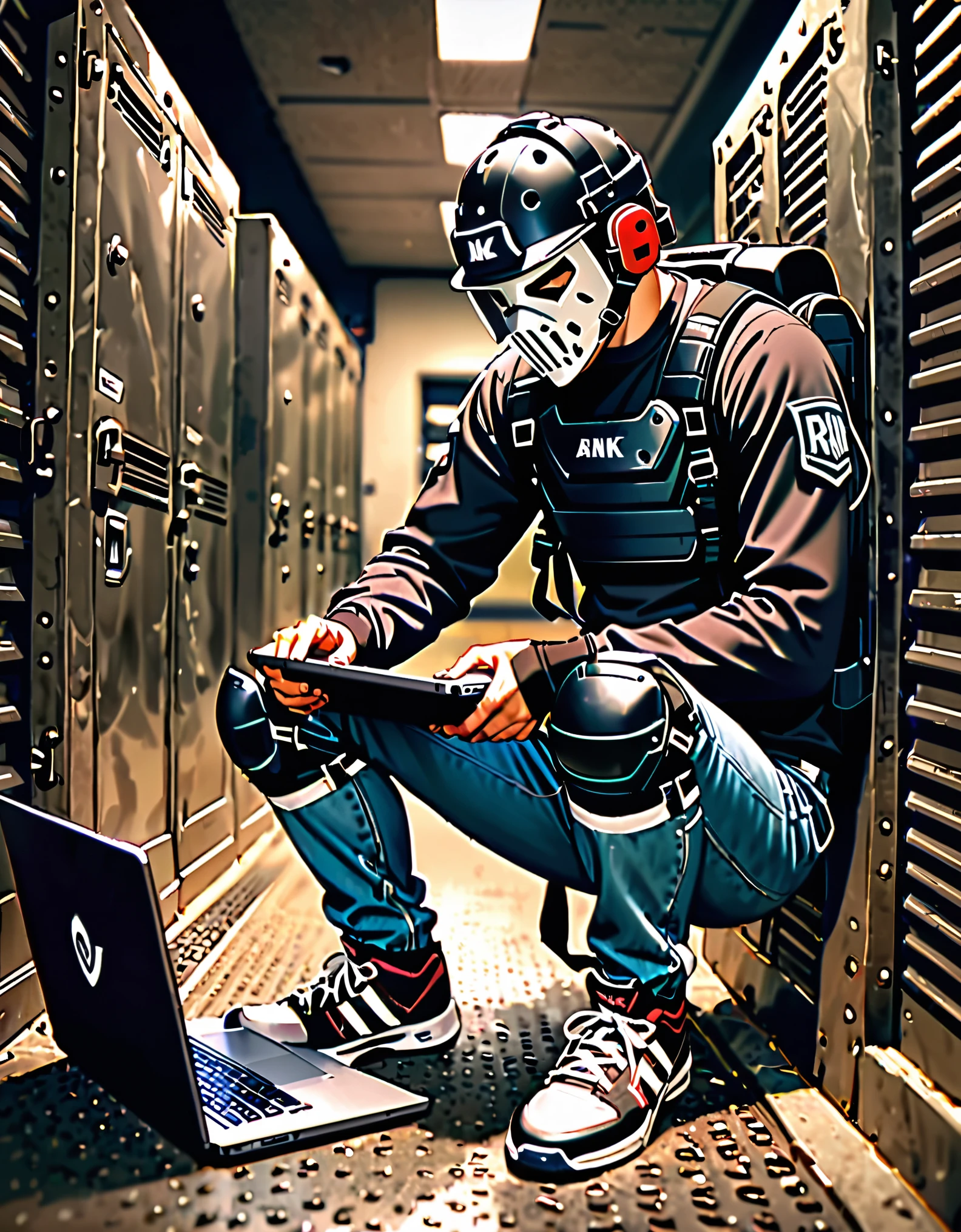 masterpiece, best quality, 1man, male focus, villain, solo, jeans, (umpire chest protector), (using laptop), (knee pads, matching knee pads), (black t-shirt, long sleeves), tactical headset, backpack, (hockey mask), sneakers, full body, looking down, kneeing, bank vault