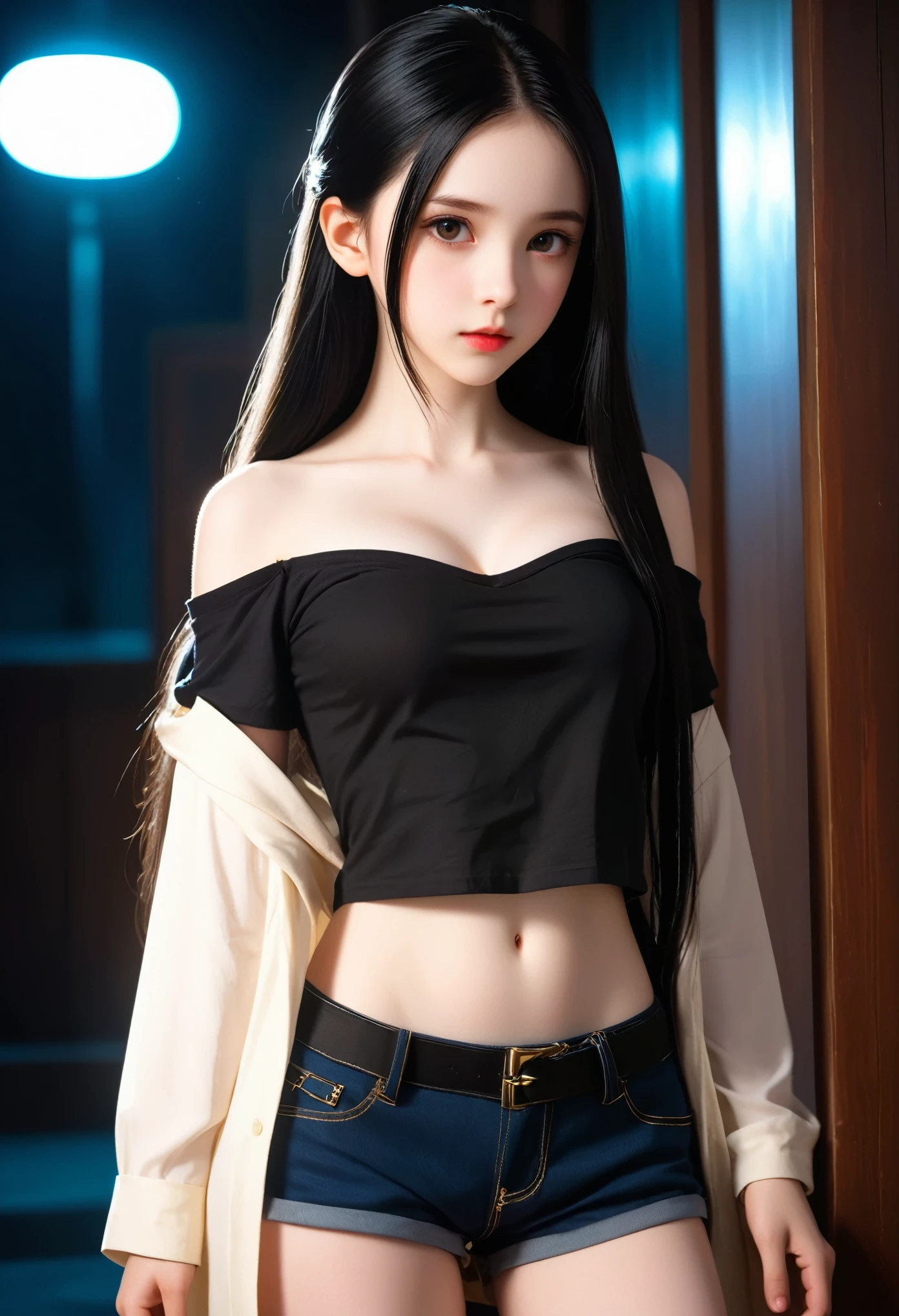 A girl around ,Pale skin,Very long hair, Black straight hair. big、Black eyes , With a strong and mysterious expression. Dressed in orphan clothing style, More elegant and refined, Something that matches her mysterious and strong personality. comprehensive, Her presence will attract attention, Attract curious and inquisitive eyes. flat chest, movie lighting, Chromatic Aberration, Backlight, masterpiece, High Detail, high quality, 4k.(breasts_grab,povhands,povbreastgrab),Off-shoulder,sleeveless,No underwear,Sexy pose,blush,Perfect makeup,Hyperrealism,Kodak Photography, (T-shirt,underboob cutout:1.5)