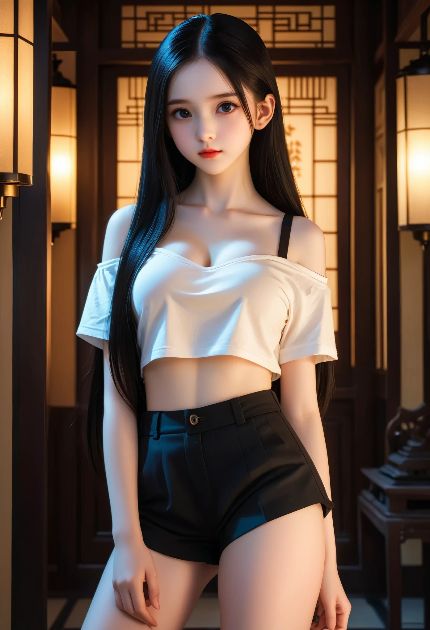 A girl ,Pale skin,Very long hair, Black straight hair. big、Black eyes , With a strong and mysterious expression. Dressed in orphan clothing style, More elegant and refined, Something that matches her mysterious and strong personality. comprehensive, Her presence will attract attention, Attract curious and inquisitive eyes. flat chest, movie lighting, Chromatic Aberration, Backlight, masterpiece, High Detail, high quality, 4k.(breasts_grab,povhands,povbreastgrab),Off-shoulder,sleeveless,No underwear,Sexy pose,blush,Perfect makeup,Hyperrealism,Kodak Photography, (T-shirt,underboob cutout:1.5)