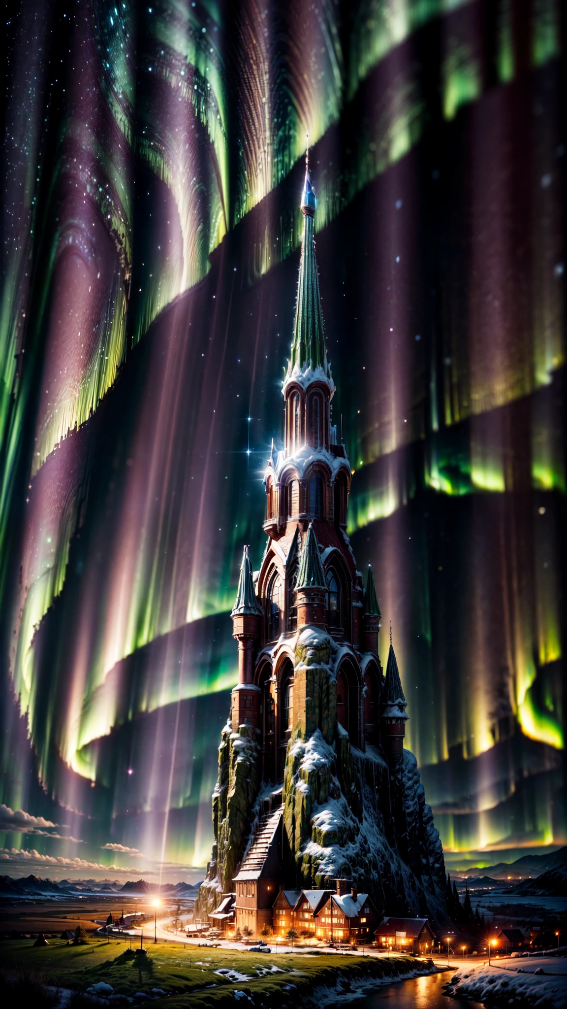 landscape, ultra HD, (background asgard), details, lighting, 8k, (aurora borealis in the sky), constellation, (background asgard), small village beneath the lights