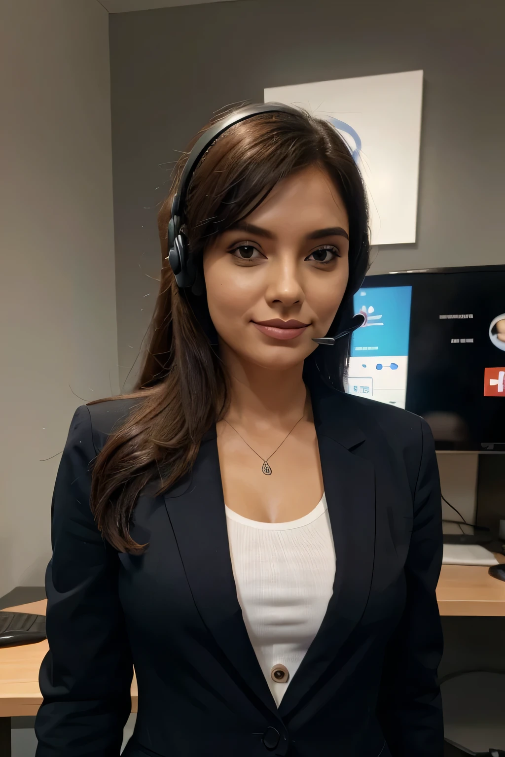 Mulher Telefonista de telemarketing com blazer preta, blusa branca estilo pixar