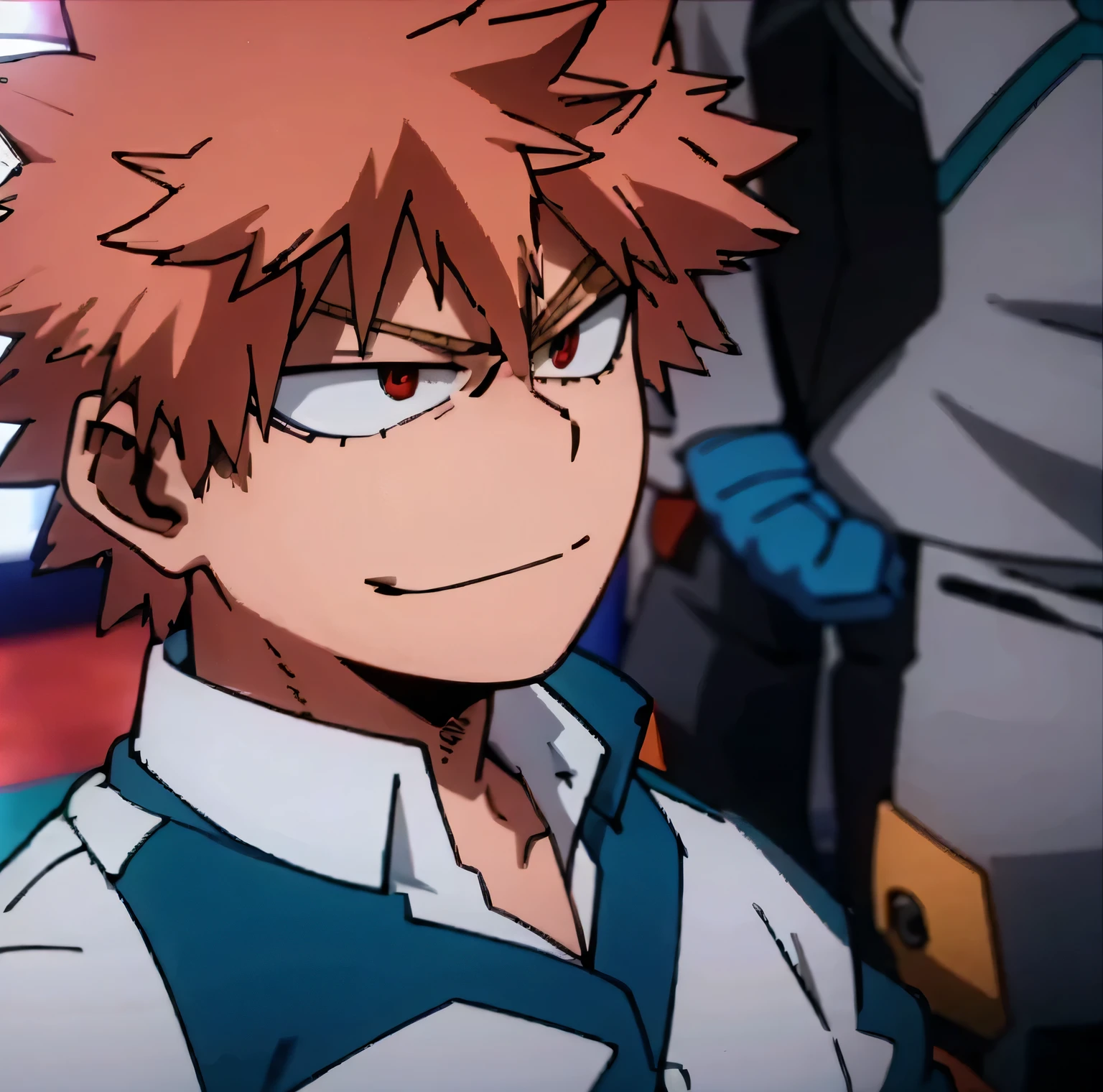 1 boy, male focus, cowboy shot, muscular body, short hair, orange hair, red eyes, smirk, gray jacket, red tie, white shirt, teal pants, boots 