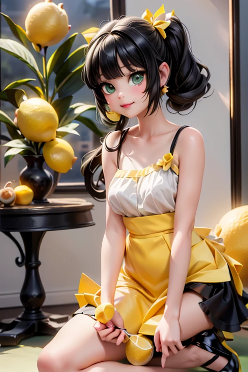 a cute girl ((eating lemon)), ((lemon eating)), (green) eyes, ((green)) eyeshadow makeup, red lips, (black hair), very large hair, fashion runway hairstyle, lemon hairbow, lemon earrings, earrings with the shape of lemon, green (choke), (green) strapless crop shirt, (puffy) skirt, white nylons, ((green) pumps), ((pumps)), (ankle strap), (slouching), lemon kingdom at night, night scene.