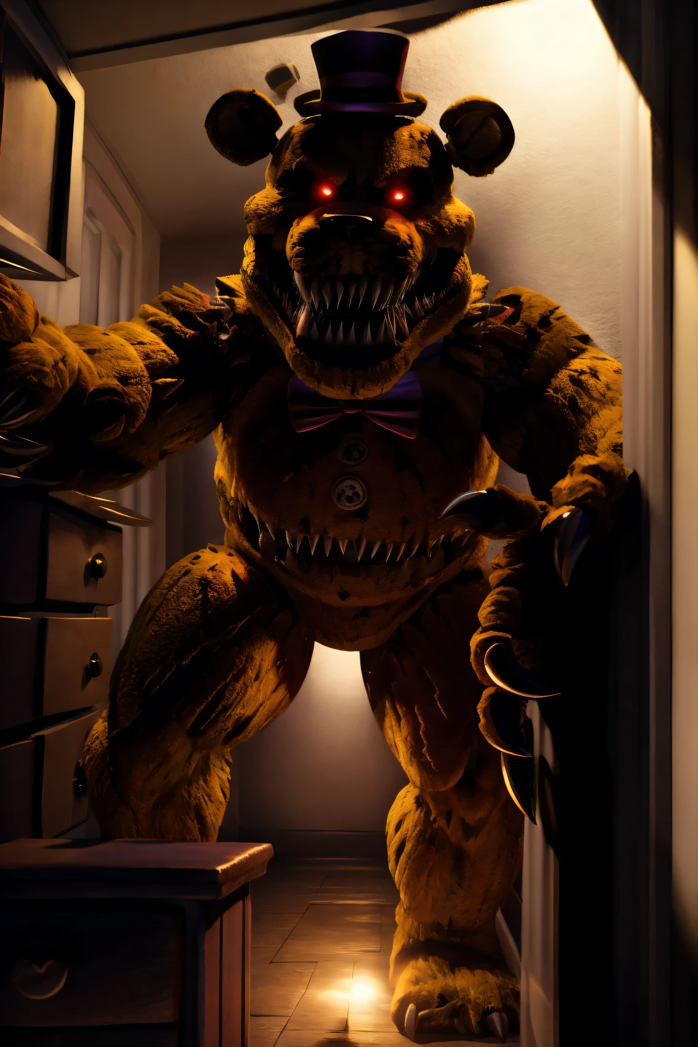(fredmare), yellow hat, yellow bowtie, black skin, wide jawline, extra mouth, sharp teeth, 4k, hi res, 8k, detailed eyes, 8k eyes, eyes focus, red eyes, ((glowing eyes)), aggressive Red lens flare, bedroom, dresser, lamp, top, no lights, pitch black dark room, ((flashlight shining in face pov)), (reaching out), (creeping through door) hand, Masterpiece, ultra detailed, realistic, detailed, full view, ((fully body shown)), fredmare
