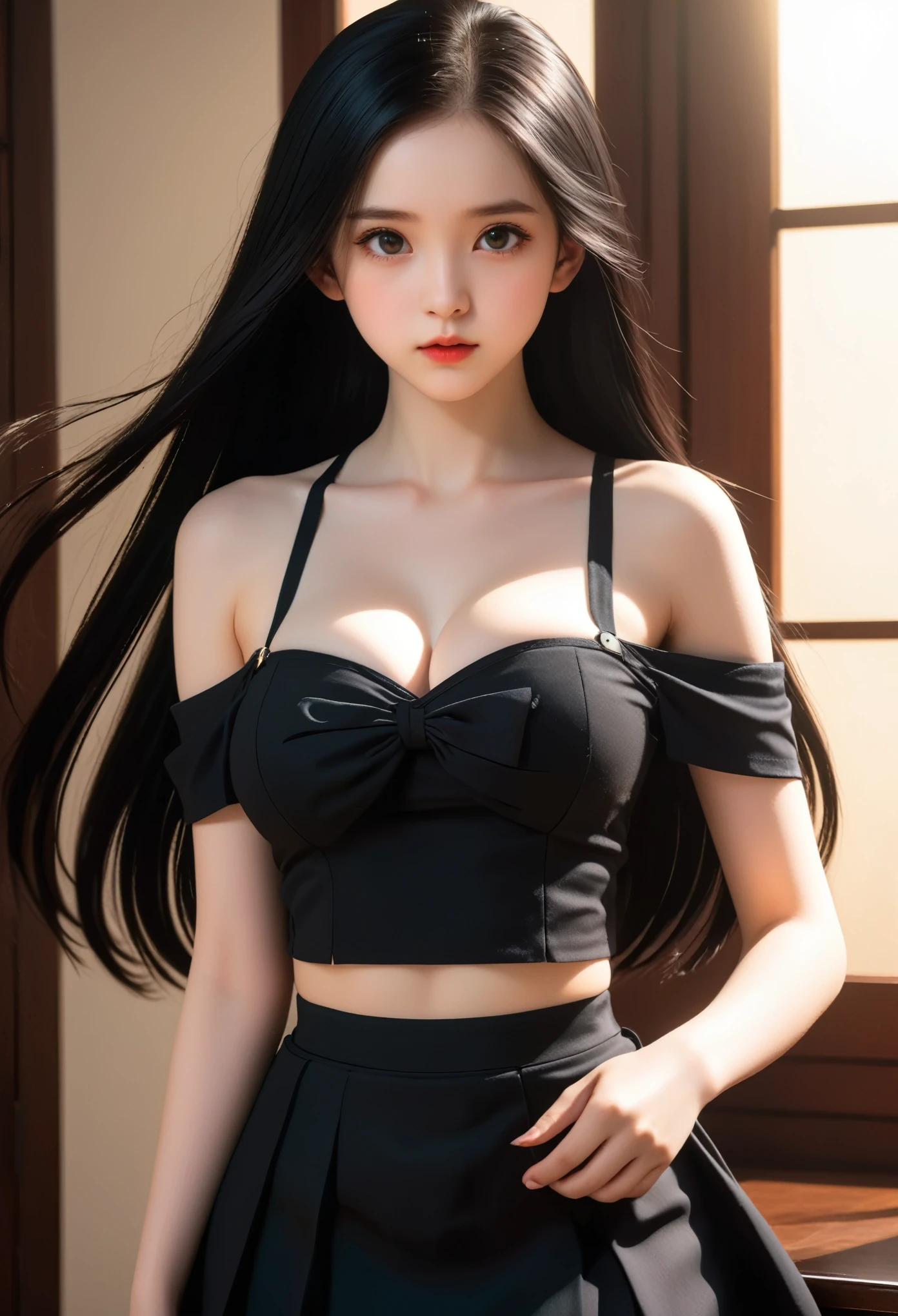 A girl around ,Pale skin,Very long hair, Black straight hair. big、Black eyes , With a strong and mysterious expression. Dressed in orphan clothing style, More elegant and refined, Something that matches her mysterious and strong personality. comprehensive, Her presence will attract attention, Attract curious and inquisitive eyes. flat chest, movie lighting, Chromatic Aberration, Backlight, masterpiece, High Detail, high quality, 4k.(breasts_grab,povhands,povbreastgrab),Off-shoulder,sleeveless,No underwear,Sexy pose,blush,Perfect makeup,Hyperrealism,Kodak Photography, (strapless tank top, navel cutout,underboob cutout:1.5,pencil skirt)