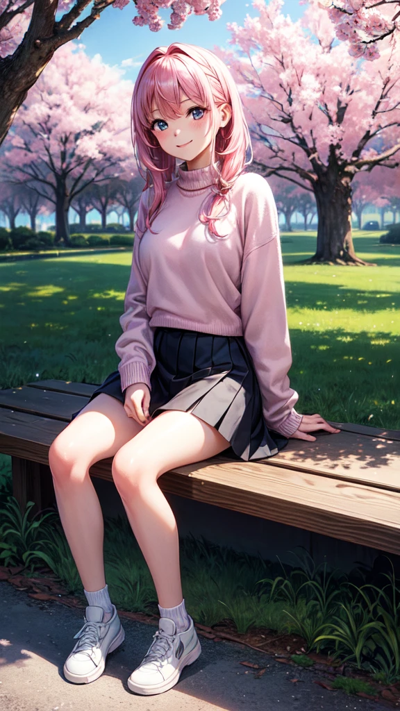masterpiece, best quality, ultra-detailed, illustration, wide angle, 1girl, solo, sitting on the side and pink cherry trees on roadside, upper body, 20 yo, pink hair, sweater, short skirt, fashion,, composition, balance, harmony, rhythm, color, light, shadow, reflection, refraction, tone, contrast, foreground, middle ground, background, naturalistic, figurative, representational, smiling