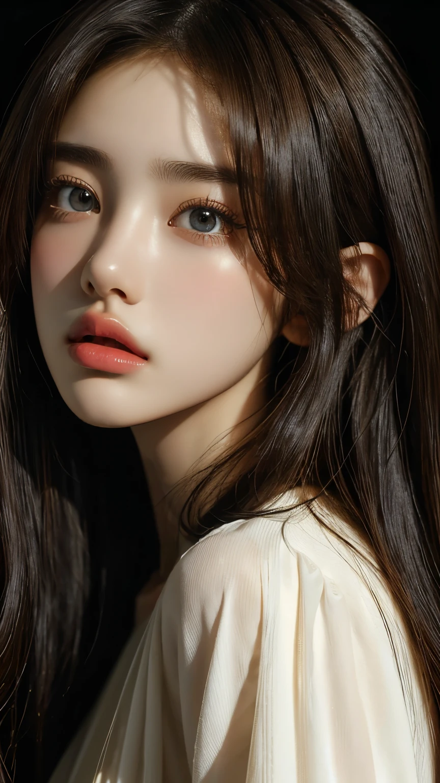 ultra high res, masterpiece, best quality, perfect glossy shiny skins, perfect lighting, detailed lighting, dramatic shadows, ray tracing, black sweater, looking at viewer, off shoulder, Big breasts, Exposed cleavage, nsfw, ((Dark background)), Sexy face, Facial expressions when receiving pleasure,