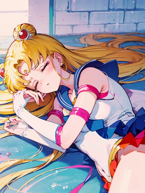 solo, eternal sailor moon, closed eyes, parted lips, lying on ground, head shot, tilt head, pain, suffering