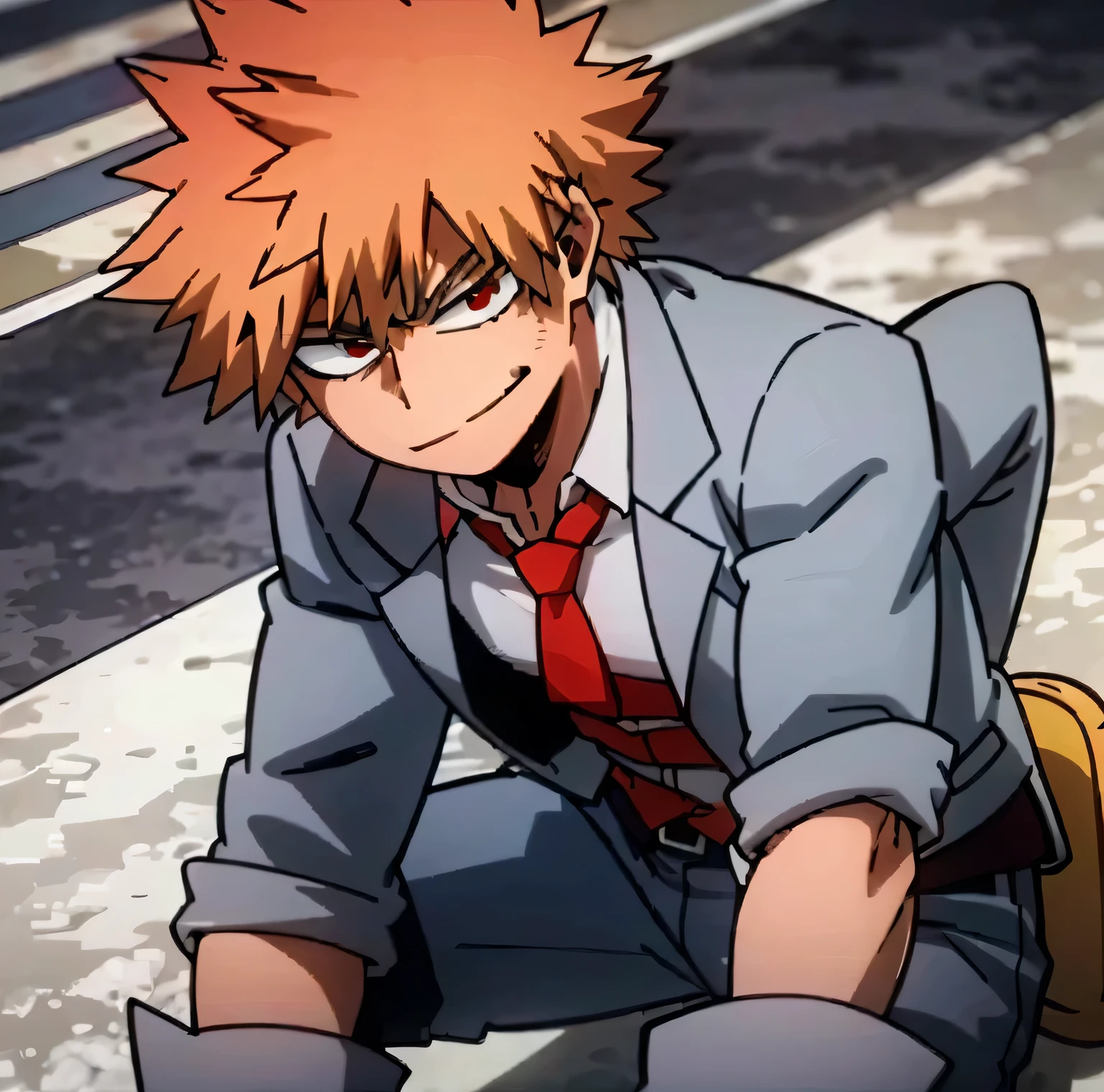 1 boy, male focus, cowboy shot, muscular body, short hair, orange hair, red eyes, smirk, gray jacket, red tie, white shirt, teal pants, boots