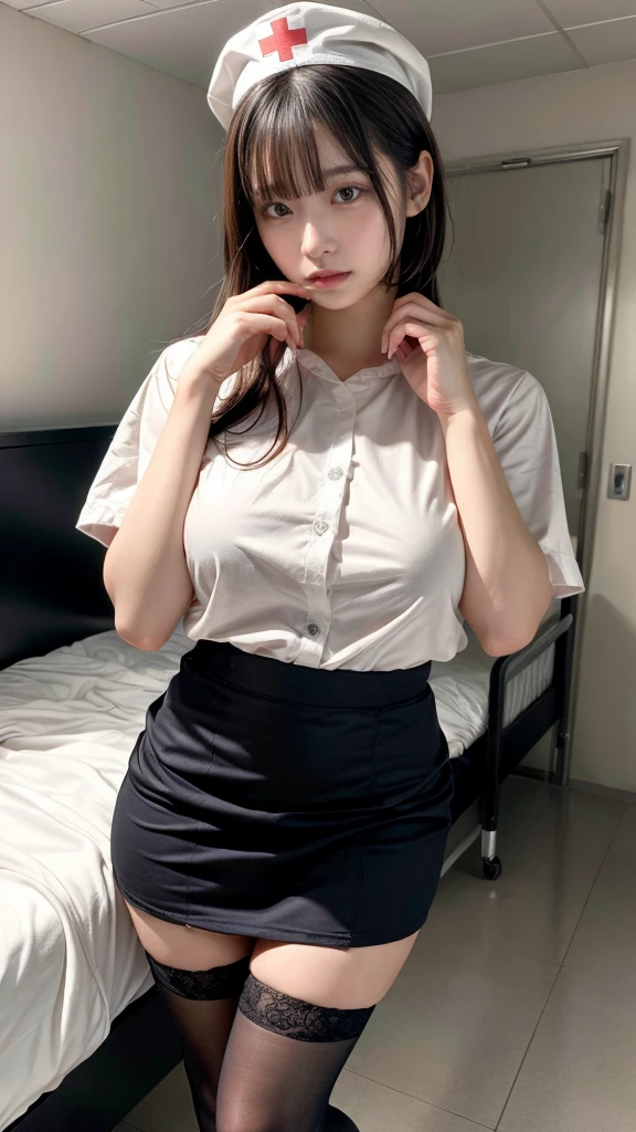 muste piece, best quality, illustration, Super detailed, fine details, High resolution, 8K,wall paper, perfect dynamic composition,(Details High quality, realistic depiction of eyes:1.3), ((2 girls)),Hospital Rooms、White nurse cap、White tights、White nurse uniform、to stand、Hand skirt、Flipping up a white skirt, large breasts,short bob hair, black hair color, Touching each other's bodies,Touching the body of the girl next door,Big Natural Color Lip, bold sexy pose, crying a little、cold gaze, 20 year old girl、beautiful legs, hposing Gravure Idol