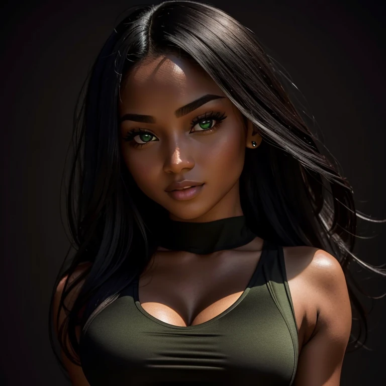 Photo shoot, 8k, ultra detailed, a close-up of a woman dressed in an green dress, posing for a photo, attractive lady, Gorgeous woman, long black hair, gorgeous woman, brown eyes, wearing a sexy crop top, girl sexy with dark complexion, black girl, upper body shot, beautiful black woman only, mid body shot, black hair, revealing outfit, sexy girl