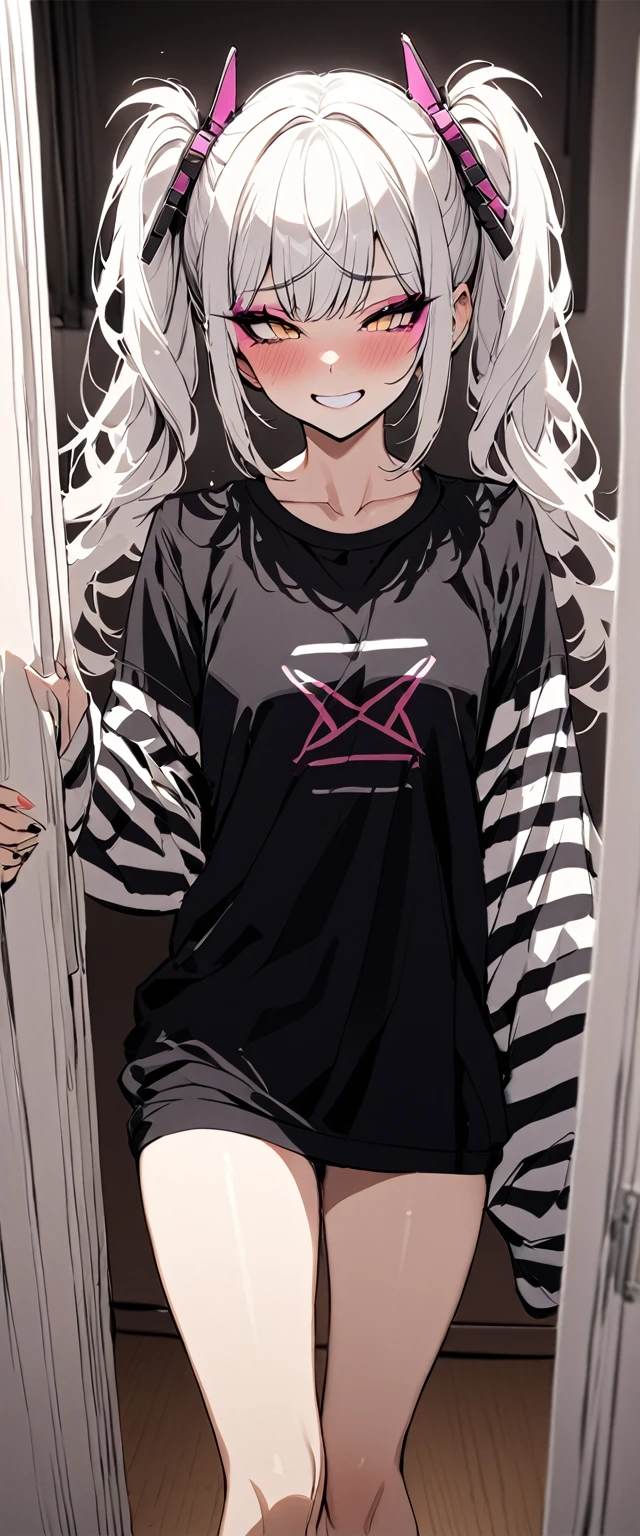 woman, Holo-Punk Style, perfect white hair, masterpiece, best quality, indoors,shy, grin, messy twintails, makeup, standing, posing, blush, black t-shirt, white striped sleeves