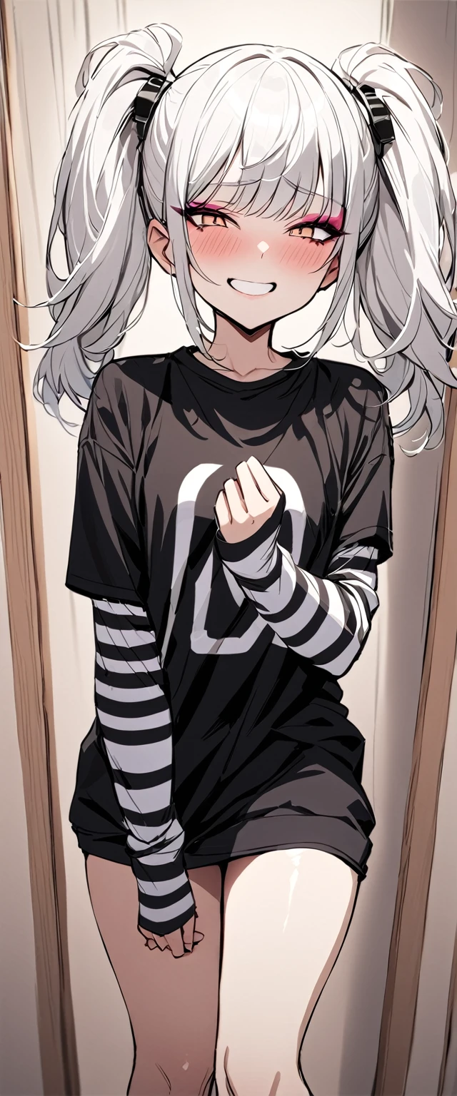 woman, Holo-Punk Style, perfect white hair, masterpiece, best quality, indoors,shy, grin, messy twintails, makeup, standing, posing, blush, black t-shirt, white striped sleeves