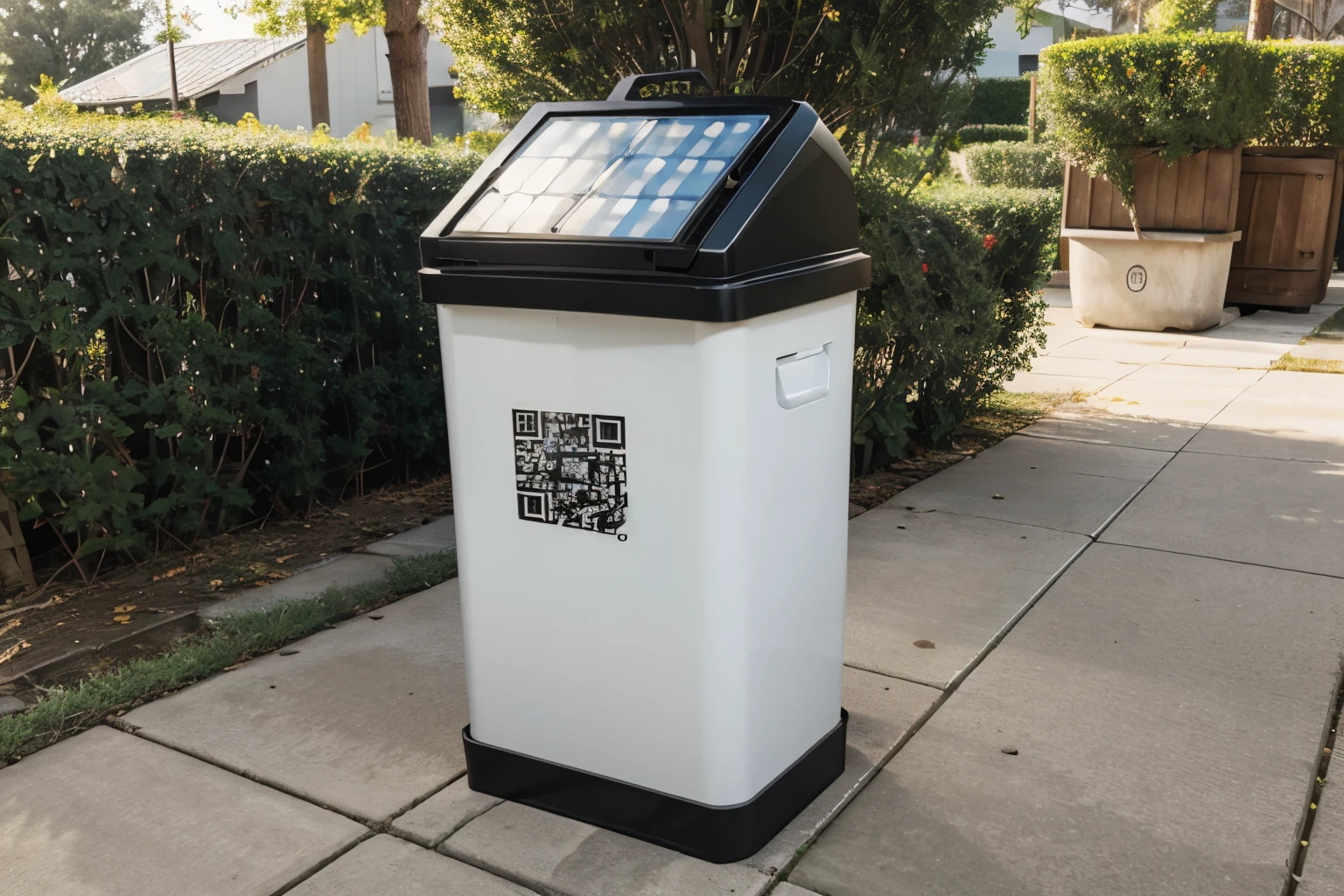modern trash can, with QR CODE, and a big solar panel