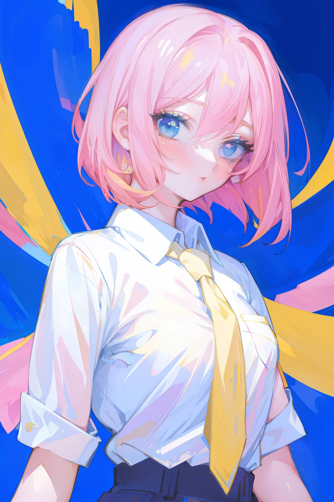 Young woman, Upper body, short hair, pink-yellow hair, Blue Makeup, white shirt, pink necktie, simple background
