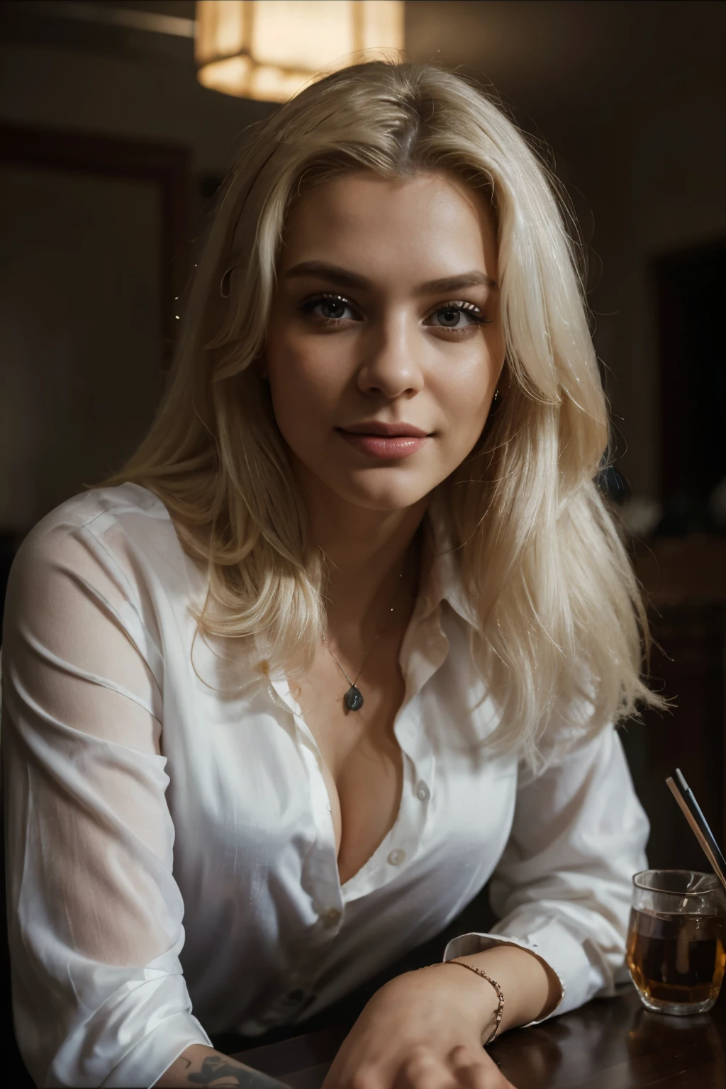 Best quality, masterpiece, super high resolution, supermodel, super beautiful face, (smile:0.8), (realism:1.5), original photo, in the dark, deep shadows, restrained, cold light, office, Suit, tattoo, blouse, blonde hair, White hair, table, сидит за tableом