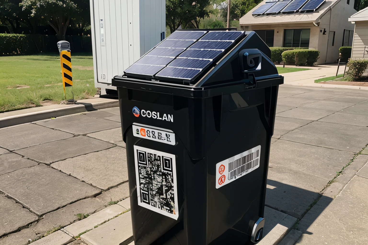 modern trash can with QR CODE, and a big solar panel