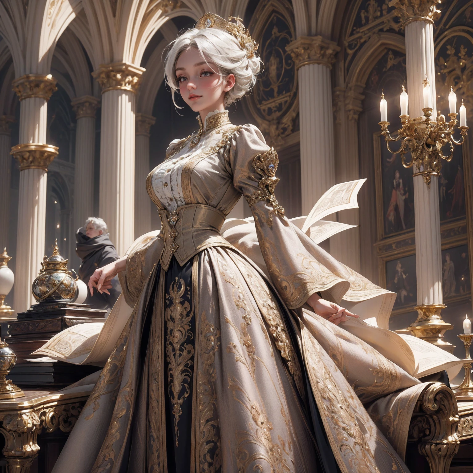 { - anatomy error}(Masterpiece - Ultra-detailed, very high resolution) Prepare to be enchanted by a true masterpiece that combines ultra-detailed art with high-resolution rendering. This work depicts a mesmerizing woman with short white hair (1.3) and captivating gray eyes (1.2), emanating an aura of elegance and mystery in Victorian settings. The intricate details and realistic textures invite you to explore every aspect of this enchanting composition. Woman wearing beautiful classic Victorian costume from the year 1878. Red lips. Happy face. Smiling. light brown (gold) dress. Walking, writing, lying down, standing, on your back, dynamic poses., upper body. dynamic poses. Get ready to dive into a world where beauty and craftsmanship merge perfectly.