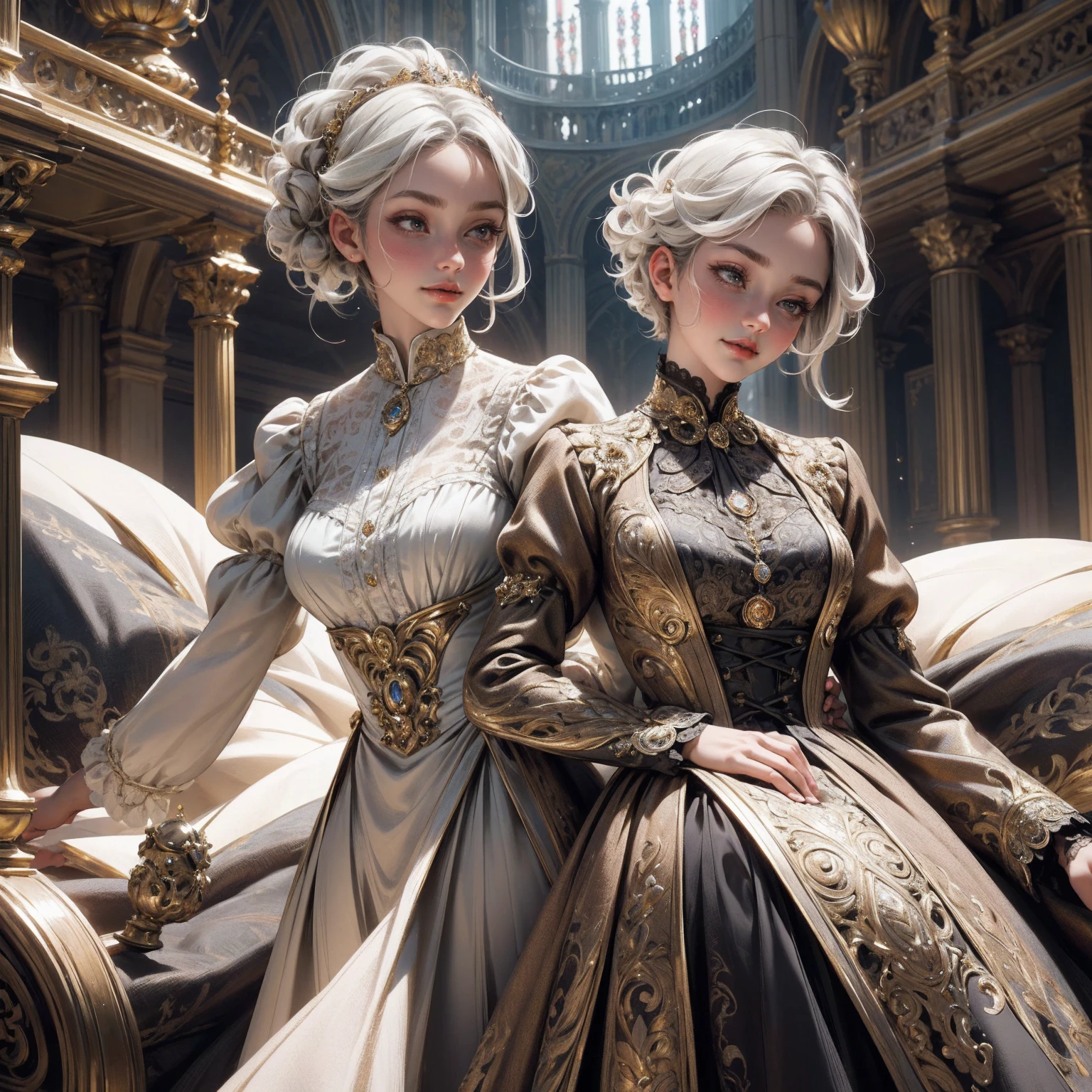{ - anatomy error}(Masterpiece - Ultra-detailed, very high resolution) Prepare to be enchanted by a true masterpiece that combines ultra-detailed art with high-resolution rendering. This work depicts a mesmerizing woman with short white hair (1.3) and captivating gray eyes (1.2), emanating an aura of elegance and mystery in Victorian settings. The intricate details and realistic textures invite you to explore every aspect of this enchanting composition. Woman wearing beautiful classic Victorian costume from the year 1878. Red lips. Happy face. Smiling. light brown (gold) dress. Walking, writing, lying down, standing, on your back, dynamic poses., upper body. dynamic poses. Get ready to dive into a world where beauty and craftsmanship merge perfectly.