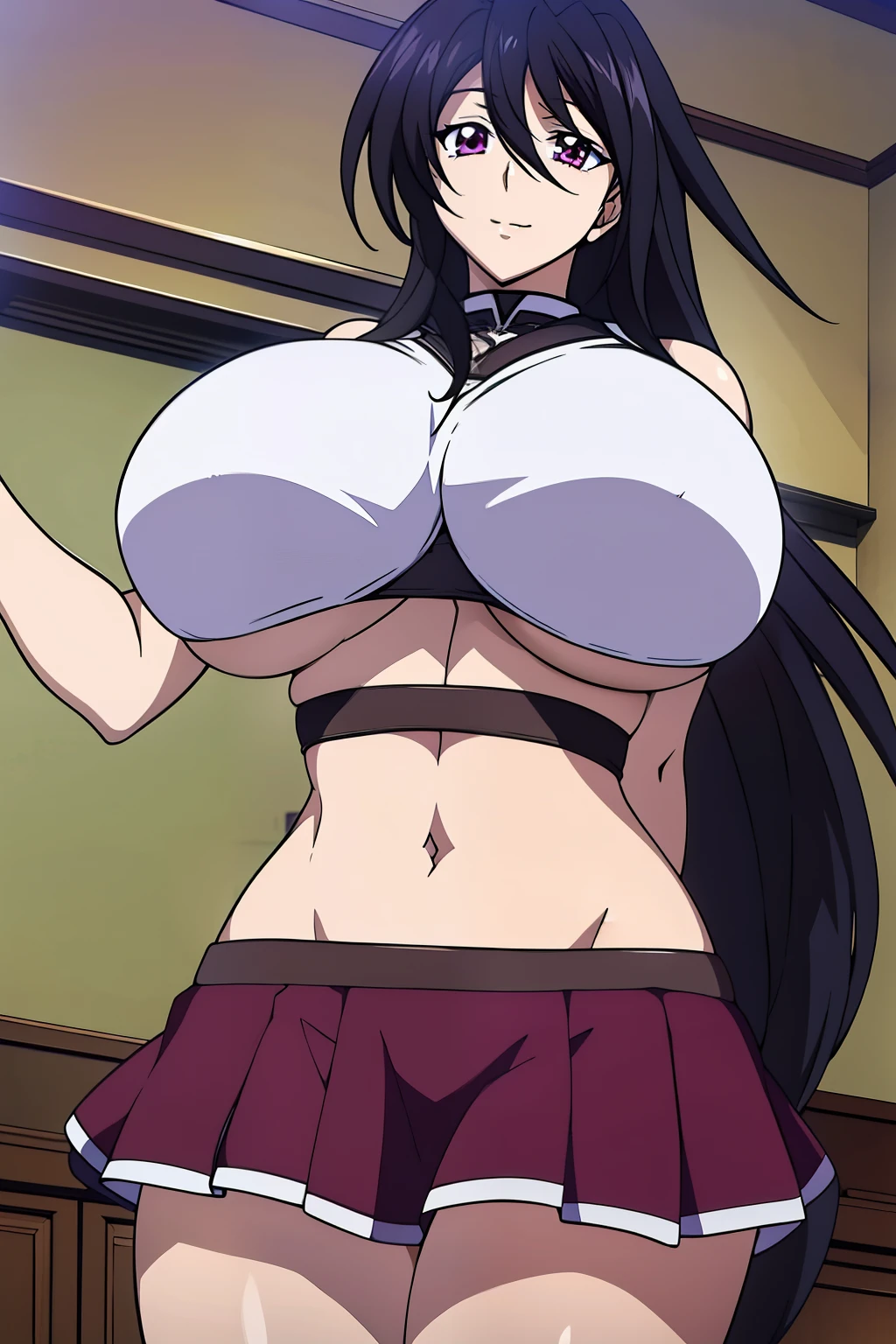 An anime-style artwork depicting akeno himejima from the anime from the anime High School DxD
Tags: akeno himejima from the anime High School DxD, , miniskirt, (black crop top:1.1), (black hair:1.1), purple eyes, looking at viewer, long hair , anime, detailed eyes, detailed lips, ass, 1girl, solo, huge breasts, smiling expression, intense gaze, dynamic pose, indoor, palace, vibrant colors, digital art, high-resolution, professional quality, gigantic breasts, (underboob : 1.4)), curvy, cowboy shot, (gigantic breasts: 1.4),