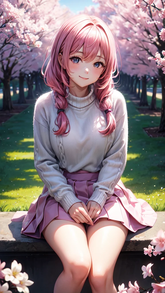 masterpiece, best quality, ultra-detailed, illustration, wide angle, 1girl, solo, sitting on the side and pink cherry trees on roadside, upper body, 20 yo, pink hair, sweater, short skirt, fashion,, composition, balance, harmony, rhythm, color, light, shadow, reflection, refraction, tone, contrast, foreground, middle ground, background, naturalistic, figurative, representational, smiling, top view 