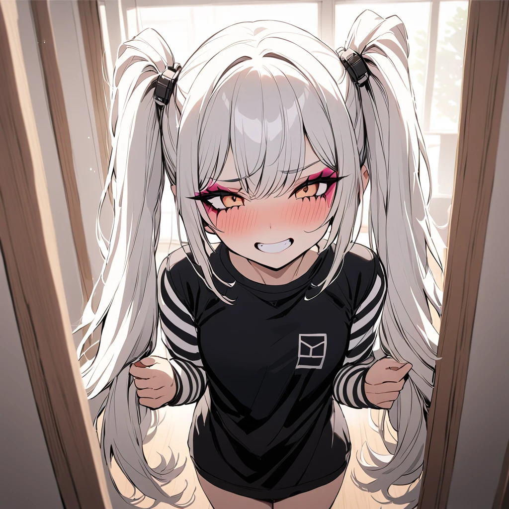 woman, Holo-Punk Style, perfect white hair, masterpiece, best quality, indoors,shy, grin, messy twintails, makeup, standing, posing, blush, black t-shirt, white striped sleeves