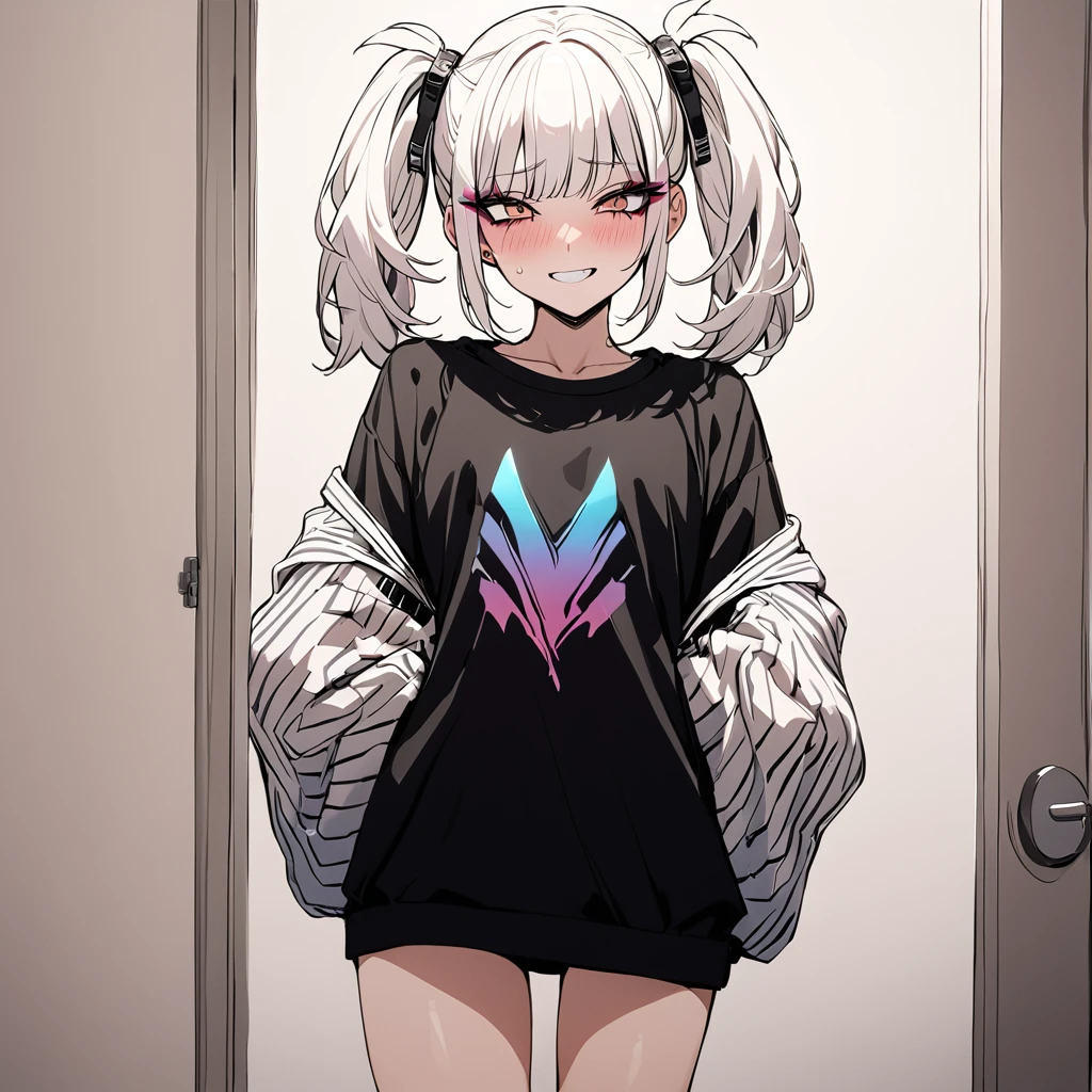 woman, Holo-Punk Style, perfect white hair, masterpiece, best quality, indoors,shy, grin, messy twintails, makeup, standing, posing, blush, black t-shirt, white striped sleeves