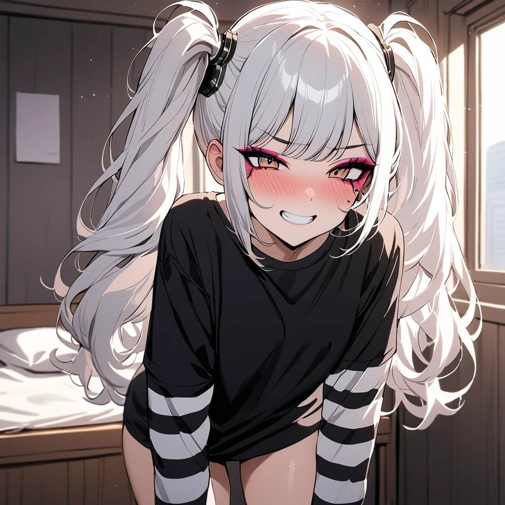 woman, Holo-Punk Style, perfect white hair, masterpiece, best quality, indoors,shy, grin, messy twintails, makeup, standing, posing, blush, black t-shirt, white striped sleeves