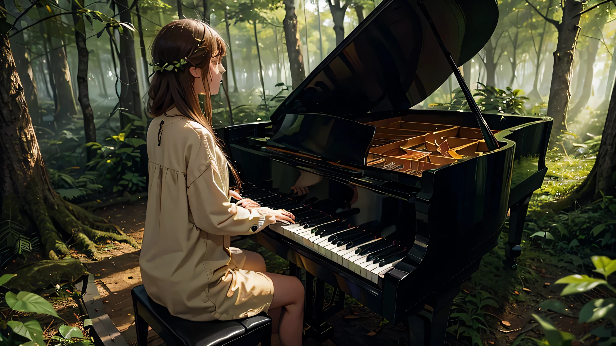 tocando Piano em uma floresta encantada cheio de luzes