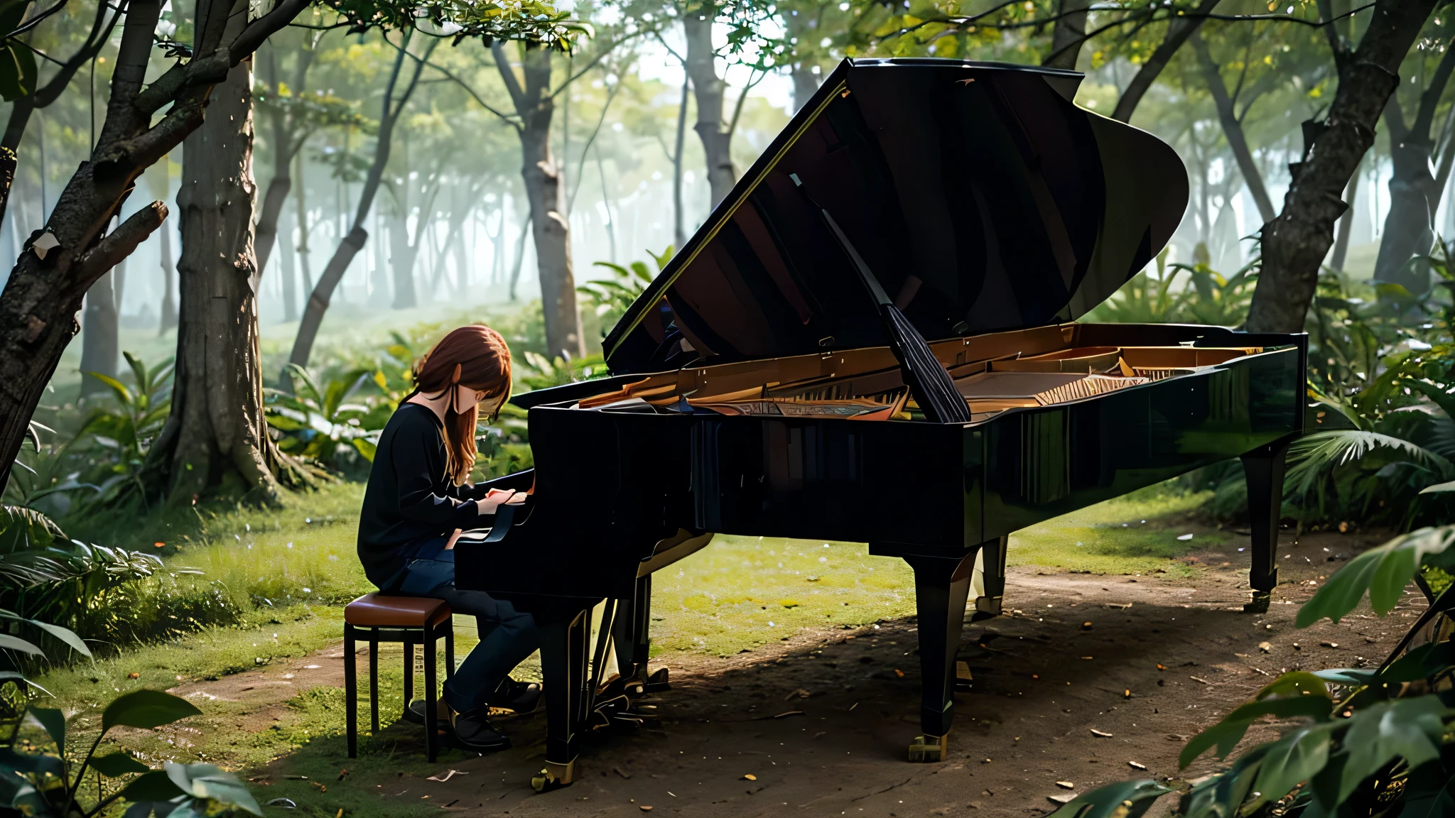 tocando Piano em uma floresta encantada cheio de luzes