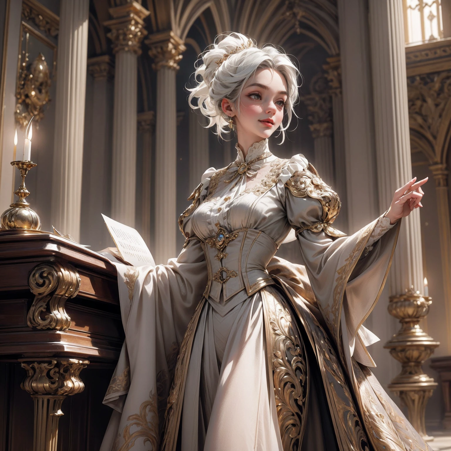 { - anatomy error}(Masterpiece - Ultra-detailed, very high resolution) Prepare to be enchanted by a true masterpiece that combines ultra-detailed art with high-resolution rendering. This work depicts a mesmerizing woman with short white hair (1.3) and captivating gray eyes (1.2), emanating an aura of elegance and mystery in Victorian settings. The intricate details and realistic textures invite you to explore every aspect of this enchanting composition. Woman wearing beautiful classic Victorian costume from the year 1878. Red lips. Happy face. Smiling. light brown (gold) dress. Walking, writing, lying down, standing, on your back, dynamic poses., upper body. dynamic poses. Get ready to dive into a world where beauty and craftsmanship merge perfectly.