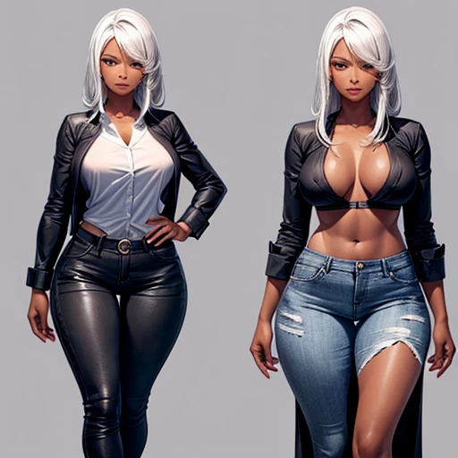 A silver-haired, dark-skinned woman in a black dress shirt and slim jeans with her legs apart　Belly button showing