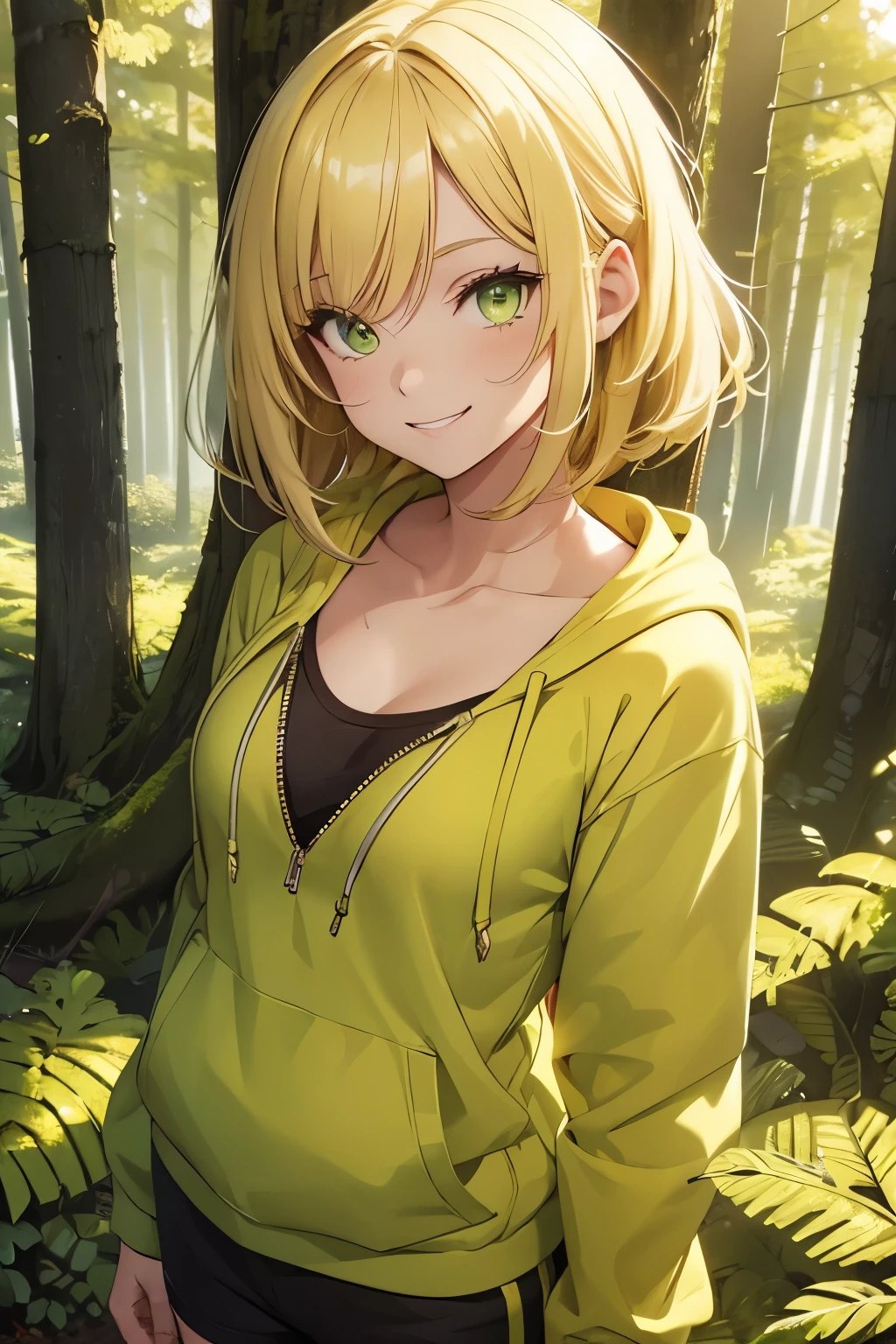 1girl, ((yellow green eyes)), green hoodie, short pants, cute girl, (detailed face), full body, blonde hair, forest bakcground, ( chest), smiling