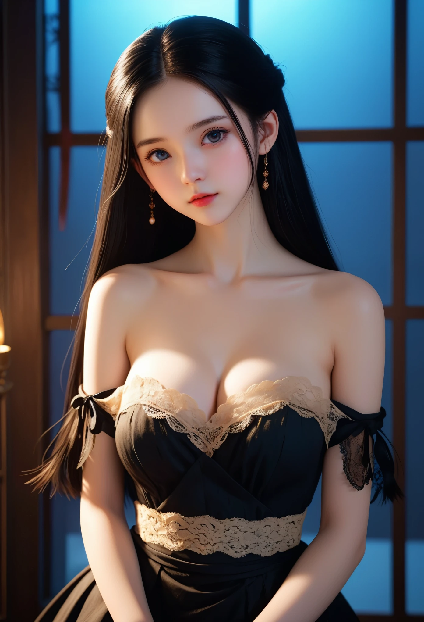 A girl around ,Pale skin,Very long hair, Black straight hair. big、Black eyes , With a strong and mysterious expression. Dressed in orphan clothing style, More elegant and refined, Something that matches her mysterious and strong personality. comprehensive, Her presence will attract attention, Attract curious and inquisitive eyes. flat chest, movie lighting, Chromatic Aberration, Backlight, masterpiece, High Detail, high quality, 4k.(breasts_grab,povhands,povbreastgrab),Off-shoulder,sleeveless,No underwear,Sexy pose,blush,Perfect makeup,Hyperrealism,Kodak Photography, ( lace blindfold, Wrapped around a chest cloth, sarashi,abdomen peek ),Dreamy colors,Hyper-realism,Unreal Engine 5,Octane Rendering,Award-winning works,Photography,