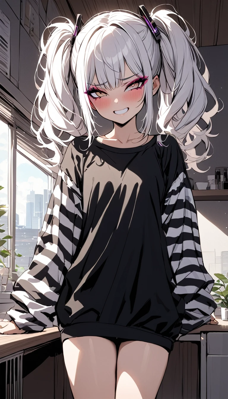 woman, Holo-Punk Style, perfect white hair, masterpiece, best quality, indoors,shy, grin, messy twintails, makeup, standing, posing, blush, black t-shirt, white striped sleeves